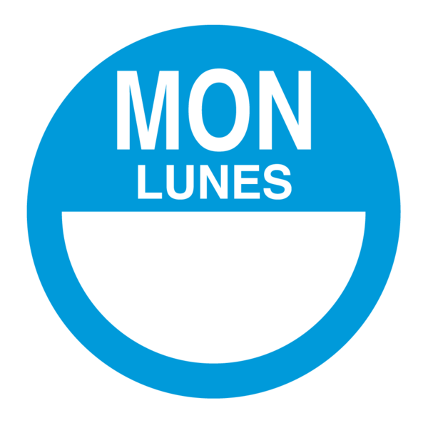 Nevs DaySpots - Monday/Lunes 1" circle White w/Blue DDOT-MS1